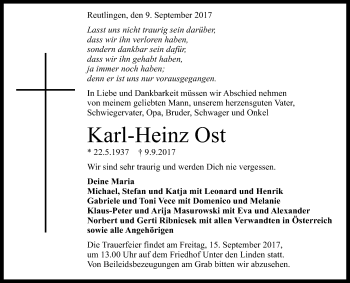 Anzeige von Karl-Heinz Ost von Reutlinger General-Anzeiger