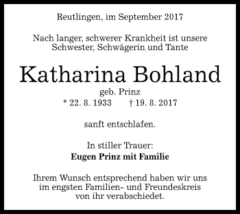 Anzeige von Katharina Bohland von Reutlinger General-Anzeiger