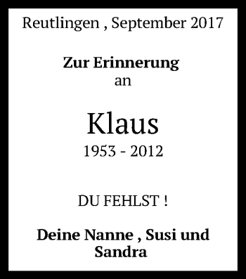 Anzeige von Klaus  von Reutlinger General-Anzeiger