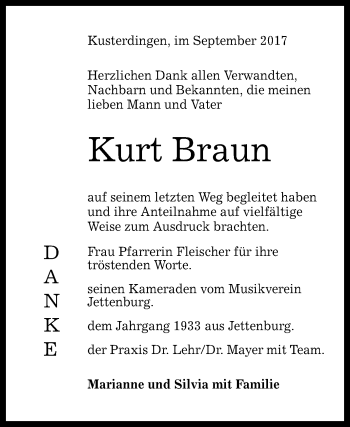 Anzeige von Kurt Braun von Reutlinger General-Anzeiger