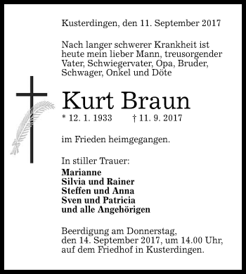 Anzeige von Kurt Braun von Reutlinger General-Anzeiger