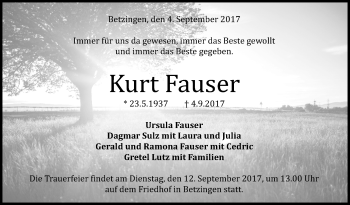 Anzeige von Kurt Fauser von Reutlinger General-Anzeiger