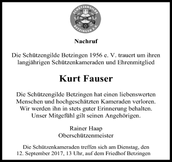 Anzeige von Kurt Fauser von Reutlinger General-Anzeiger