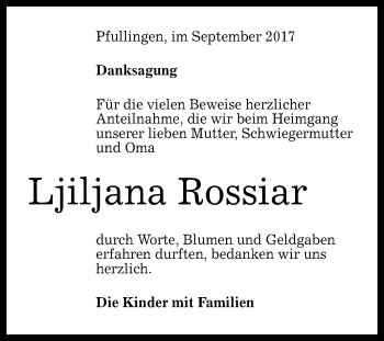 Anzeige von Ljiljana Rossiar von Reutlinger General-Anzeiger