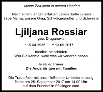 Anzeige von Ljiljana Rossiar von Reutlinger General-Anzeiger