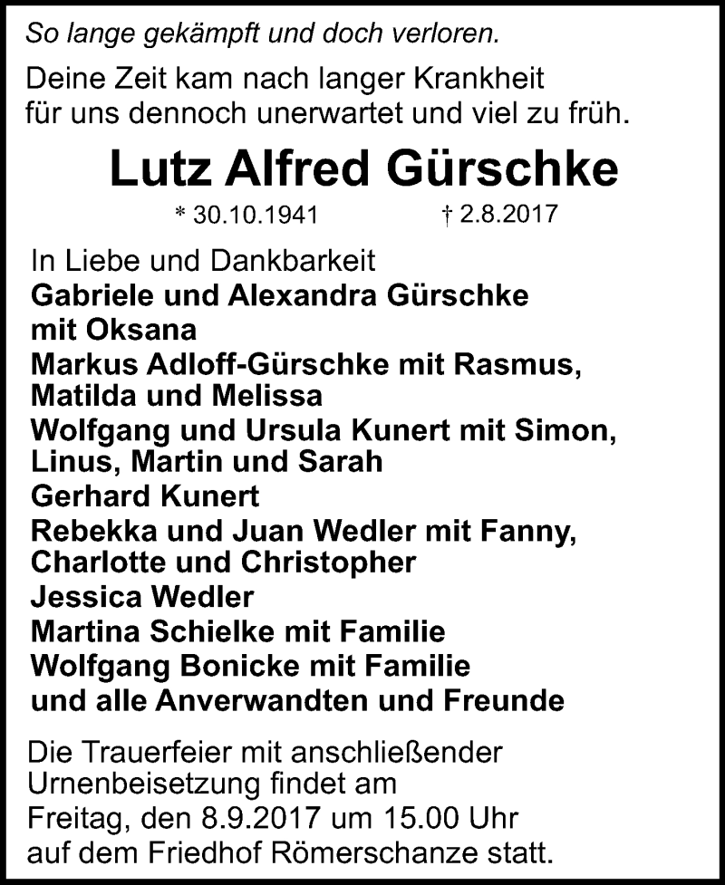  Traueranzeige für Lutz Alfred Gürschke vom 01.09.2017 aus Reutlinger General-Anzeiger