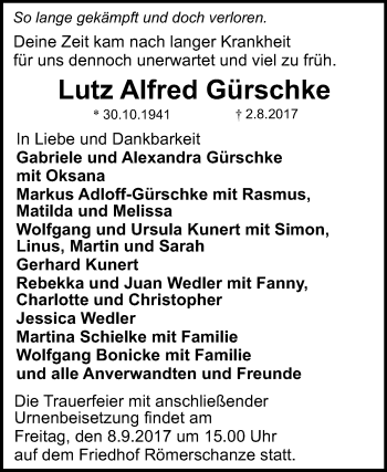 Anzeige von Lutz Alfred Gürschke von Reutlinger General-Anzeiger