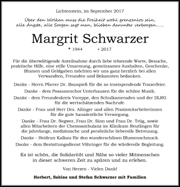 Anzeige von Margrit Schwarzer von Reutlinger General-Anzeiger