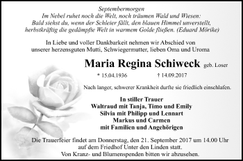 Anzeige von Maria Regina Schiweck von Reutlinger General-Anzeiger