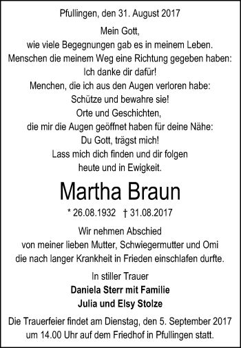 Anzeige von Martha Braun von Reutlinger General-Anzeiger