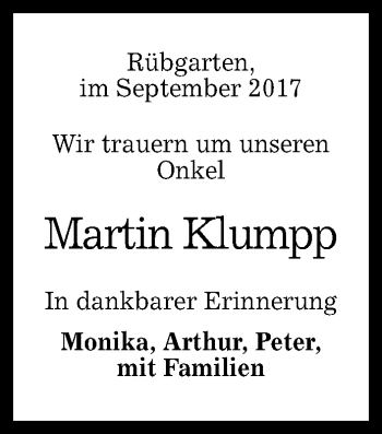 Anzeige von Martin Klumpp von Reutlinger General-Anzeiger