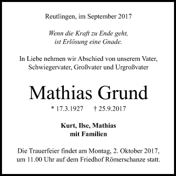 Anzeige von Mathias Grund von Reutlinger General-Anzeiger