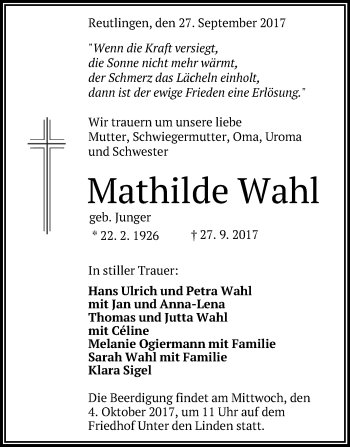 Anzeige von Mathilde Wahl von Reutlinger General-Anzeiger