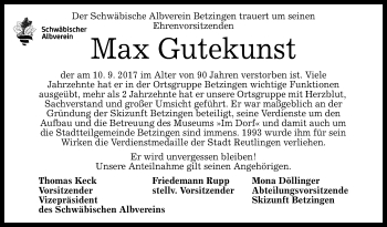 Anzeige von Max Gutekunst von Reutlinger General-Anzeiger