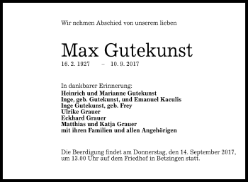 Anzeige von Max Gutekunst von Reutlinger General-Anzeiger