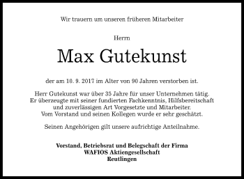 Anzeige von Max Gutekunst von Reutlinger General-Anzeiger