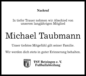 Anzeige von Michael Taubmann von Reutlinger General-Anzeiger