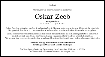 Anzeige von Oskar Zeeb von Reutlinger General-Anzeiger