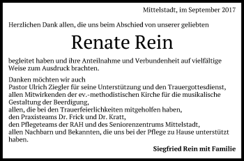 Anzeige von Renate Rein von Reutlinger General-Anzeiger