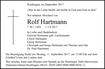 Anzeige von Rolf Hartmann von Reutlinger General-Anzeiger