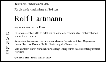 Anzeige von Rolf Hartmann von Reutlinger General-Anzeiger