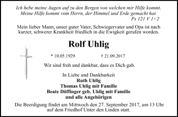 Anzeige von Rolf Uhlig von Reutlinger General-Anzeiger