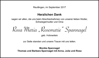 Anzeige von Rosa Maria Spannagel von Reutlinger General-Anzeiger