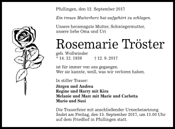 Anzeige von Rosemarie Tröster von Reutlinger General-Anzeiger
