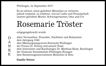 Anzeige von Rosemarie Tröster von Reutlinger General-Anzeiger