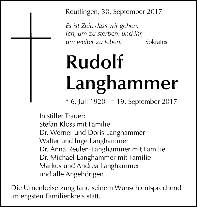  Traueranzeige für Rudolf Langhammer vom 30.09.2017 aus Reutlinger General-Anzeiger