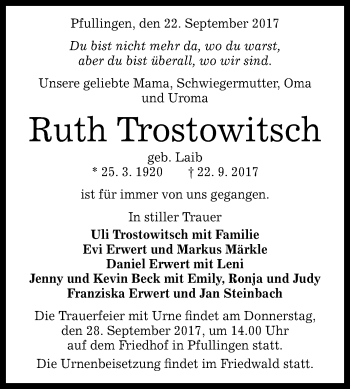 Anzeige von Ruth Trostowitsch von Reutlinger General-Anzeiger
