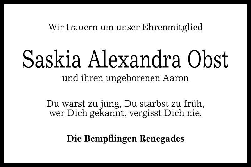  Traueranzeige für Saskia Alexandra Obst vom 18.09.2017 aus Reutlinger General-Anzeiger