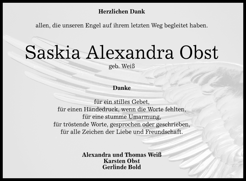 Traueranzeige für Saskia Alexandra Obst vom 16.09.2017 aus Reutlinger General-Anzeiger