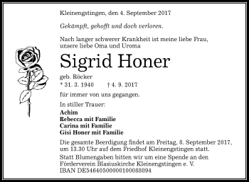 Anzeige von Sigrid Honer von Reutlinger General-Anzeiger