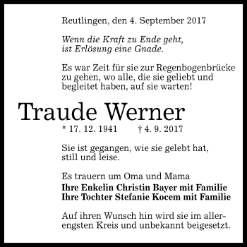 Anzeige von Traude Werner von Reutlinger General-Anzeiger