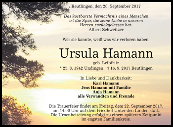 Anzeige von Ursula Hamann von Reutlinger General-Anzeiger