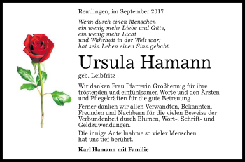 Anzeige von Ursula Hamann von Reutlinger General-Anzeiger
