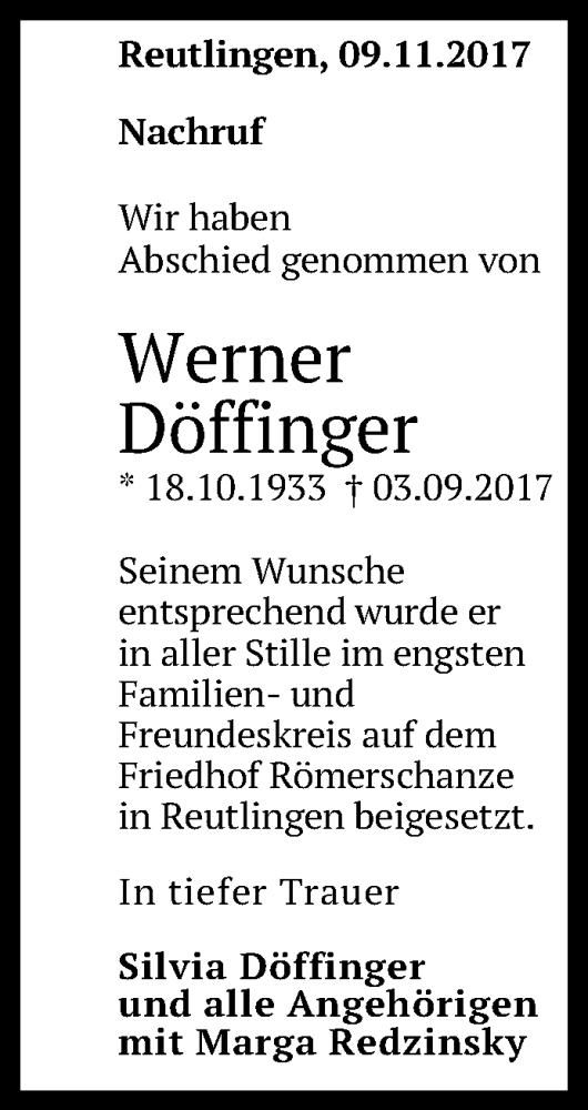  Traueranzeige für Werner Döffinger vom 09.09.2017 aus Reutlinger General-Anzeiger