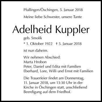 Anzeige von Adelheid Kuppler von Reutlinger General-Anzeiger