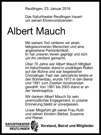 Anzeige von Albert Mauch von Reutlinger General-Anzeiger