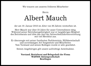 Anzeige von Albert Mauch von Reutlinger General-Anzeiger