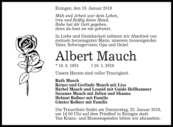 Anzeige von Albert Mauch von Reutlinger General-Anzeiger
