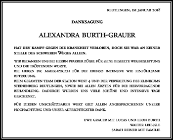 Anzeige von Alexandra Burth-Grauer von Reutlinger General-Anzeiger
