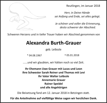 Anzeige von Alexandra Burth-Grauer von Reutlinger General-Anzeiger