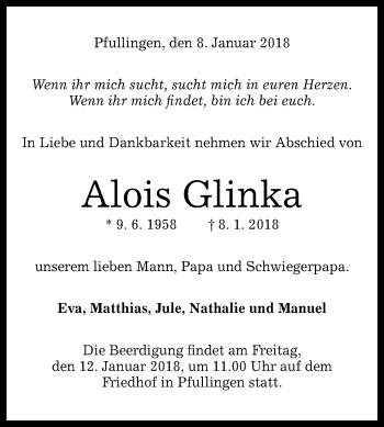 Anzeige von Alois Glinka von Reutlinger General-Anzeiger