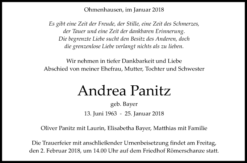  Traueranzeige für Andrea Panitz vom 30.01.2018 aus Reutlinger General-Anzeiger