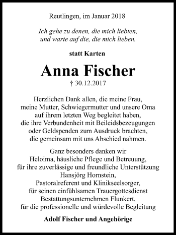Anzeige von Anna Fischer von Reutlinger General-Anzeiger
