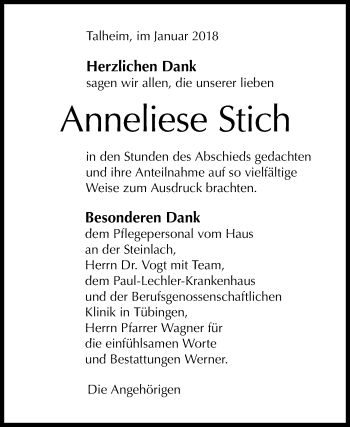 Anzeige von Anneliese Stich von Reutlinger General-Anzeiger