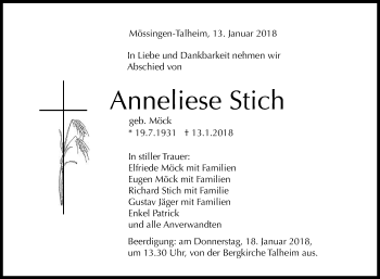 Anzeige von Anneliese Stich von Reutlinger General-Anzeiger