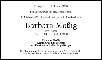 Anzeige von Barbara Moßig von Reutlinger General-Anzeiger
